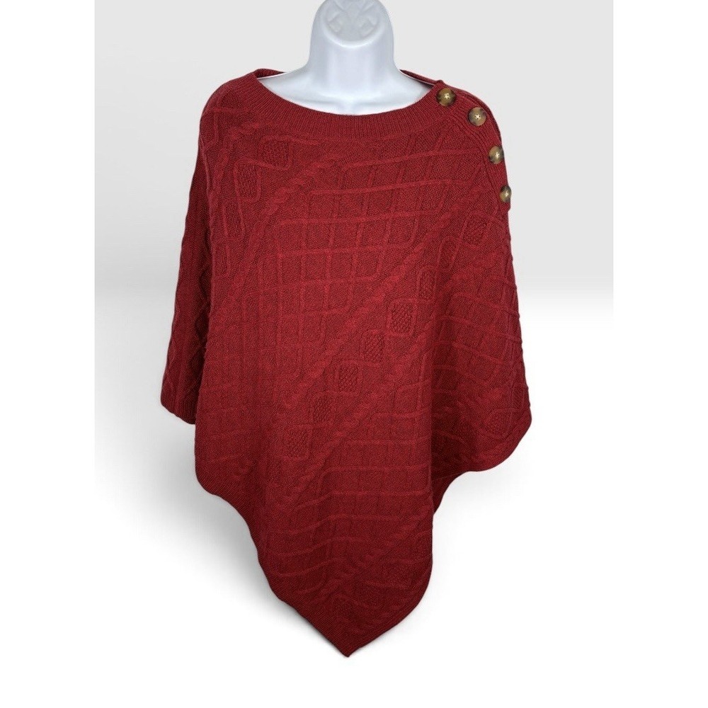J Jill Womens Red Cable Knit Poncho Sweater Button Shoulder Sz Small-Large -2070